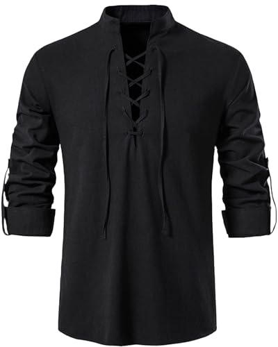 Kvruhuiy Herren Leinenhemd Freizeithemd Langarm Lace Up Hemden Baumwolle Hemd Mittelalter Vintage Kostüm Tops Schwarz M von Kvruhuiy