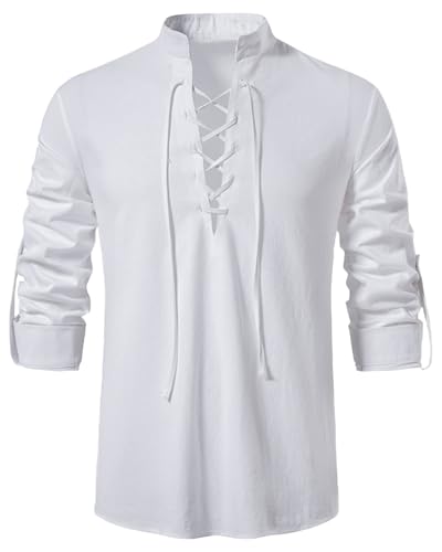 Kvruhuiy Herrenhemden Langarm Freizeithemd Leinenhemd Schnürhemd Baumwolle Hemd Mittelalter Kostüm Halloween Hemden Weiß 3XL von Kvruhuiy