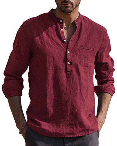 Kvruhuiy Leinenhemd Herren Langarm Baumwolle Hemd Herbst Winter Freizeithemd Men's Shirt Weinrot L von Kvruhuiy