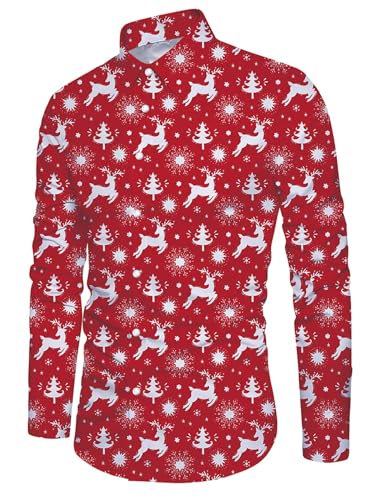 Kvruhuiy Weihnachtshemd Herren Langärm Button Down Shirts Männer Weihnachten Muster 3D Bedruckte Freizeithemd Rot 3XL von Kvruhuiy