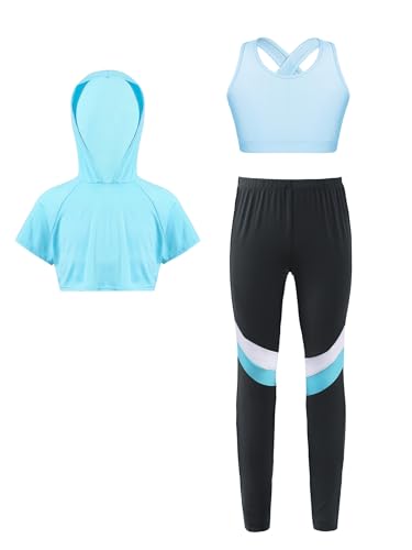 Kvysinly 3 Teilig Trainingsanzug Mädchen Sportanzug Jogginganzug Sport Set Activewear Sportlich Bh Hoodie mit Legging Yoga Fitness Workout Hellblau 122-128 von Kvysinly