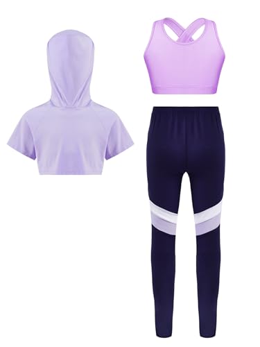 Kvysinly 3 Teilig Trainingsanzug Mädchen Sportanzug Jogginganzug Sport Set Activewear Sportlich Bh Hoodie mit Legging Yoga Fitness Workout Lavendel 134-140 von Kvysinly