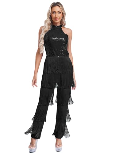 Kvysinly Damen Pailletten Overall Einteiler Jumpsuit Quaste Strampler Neckholder Rückenfrei Tanz Overall Bodysuit Party Clubwear Schwarz S von Kvysinly