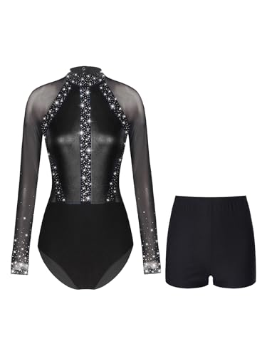 Kvysinly Damen Turnanzug Langarm Mit Hose Strass Glitzer Gymnastikanzug Patchwork Turnbody Gymnastikbody Sporthose Shorts Tanzkleidung Schwarz S von Kvysinly