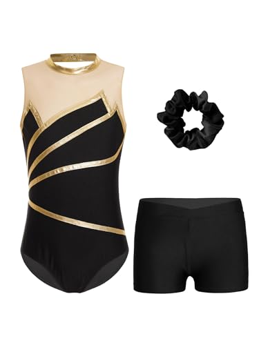 Kvysinly Glänzend Turnanzug Mädchen Gymnastikanzug Set Slim Fit Turnbody mit Haarband und Hose Ballettkleidung Tanz Training Outfit Gold 170-176 von Kvysinly