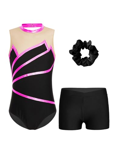 Kvysinly Glänzend Turnanzug Mädchen Gymnastikanzug Set Slim Fit Turnbody mit Haarband und Hose Ballettkleidung Tanz Training Outfit Hot Pink 146-152 von Kvysinly