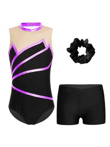 Kvysinly Glänzend Turnanzug Mädchen Gymnastikanzug Set Slim Fit Turnbody mit Haarband und Hose Ballettkleidung Tanz Training Outfit Violett 146-152 von Kvysinly