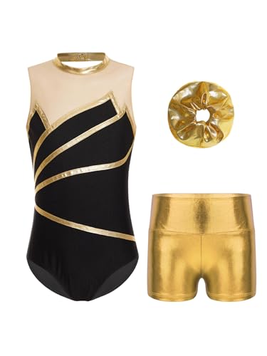 Kvysinly Glänzend Turnanzug Mädchen Gymnastikanzug Set Slim Fit Turnbody mit Haarband und Hose Ballettkleidung Tanz Training Outfit W Gold 146-152 von Kvysinly
