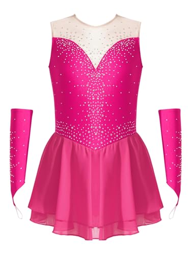 Kvysinly Glitzer Mädchen Eiskunstlauf Kleid Tanzkleid mit Handschuhen ärmellose Ballettkleidung Mit Strass Wettbewerb Outfit Hot Pink 158-164 von Kvysinly