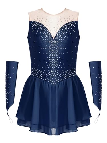 Kvysinly Glitzer Mädchen Eiskunstlauf Kleid Tanzkleid mit Handschuhen ärmellose Ballettkleidung Mit Strass Wettbewerb Outfit Navy blau 158-164 von Kvysinly