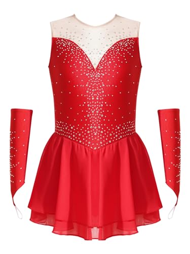 Kvysinly Glitzer Mädchen Eiskunstlauf Kleid Tanzkleid mit Handschuhen ärmellose Ballettkleidung Mit Strass Wettbewerb Outfit Rot 146-152 von Kvysinly