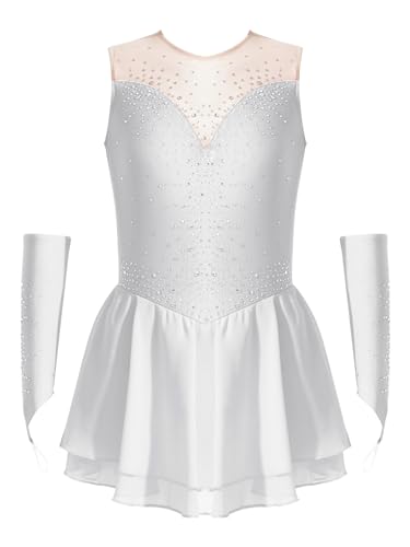 Kvysinly Glitzer Mädchen Eiskunstlauf Kleid Tanzkleid mit Handschuhen ärmellose Ballettkleidung Mit Strass Wettbewerb Outfit Weiß 110-116 von Kvysinly