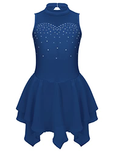 Kvysinly Kinder Mädchen Eiskunstlauf Kleid mit Strass Tanzkleid Glitzer Kürkleid Rollkunstlauf Balletkleid Tanz Training Wettbewerb Outfit Navy blau A 170-176 von Kvysinly