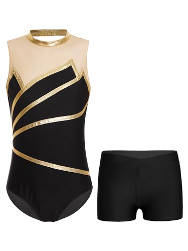 Kvysinly Glitzer Metalic Turnanzug Mädchen mit Hose Gymnastikanzug Ärmellos Turnbody Akrobatik Anzug Kinder Eiskunstlauf Ballet Tanz Trikot Gold 158-164 von Kvysinly