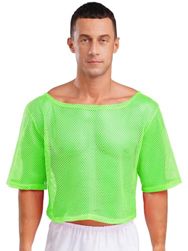 Kvysinly Herren Netz T-Shirts Durchsichtig Crop Top Rundkragen Muskel Unterhemden 80er Jahre Discopartys Outfit Fasching Kostüm Leuchtendes Grün L von Kvysinly
