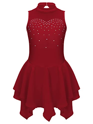 Kvysinly Kinder Mädchen Eiskunstlauf Kleid mit Strass Tanzkleid Glitzer Kürkleid Rollkunstlauf Balletkleid Tanz Training Wettbewerb Outfit Burgundy A 134-140 von Kvysinly