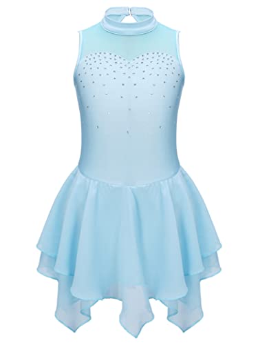 Kvysinly Kinder Mädchen Eiskunstlauf Kleid mit Strass Tanzkleid Glitzer Kürkleid Rollkunstlauf Balletkleid Tanz Training Wettbewerb Outfit Hellblau A 122-128 von Kvysinly