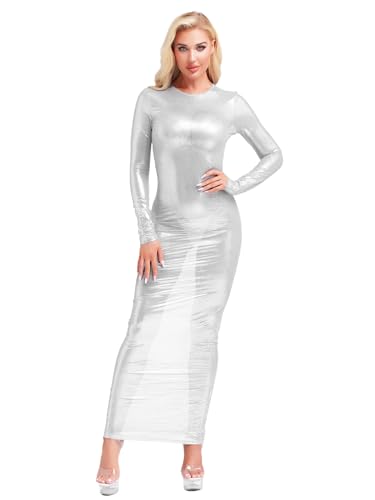 Kvysinly Langes Transparentes Damen Kleid Langarm Metallisch Glänzend Bodycon Maxikleid Slim Fit Nachtclub Kleidung Weiß S von Kvysinly