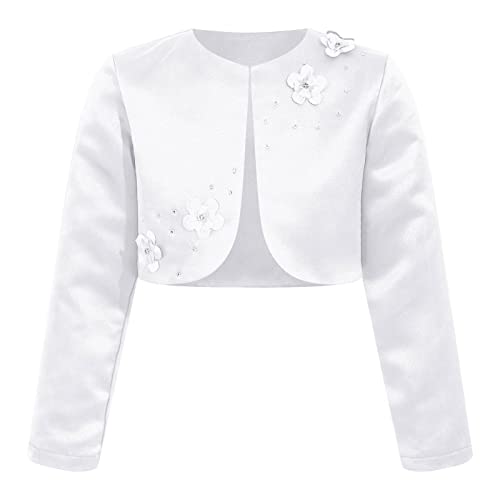 Kvysinly Mädchen Bolero Festlich Jäckchen Kinder Strickjacke mit 3D Blume Satin Bolerojäckchen Weiss zum Kommunionkleid Taufkleid Partykleid Weiß 146-152 von Kvysinly