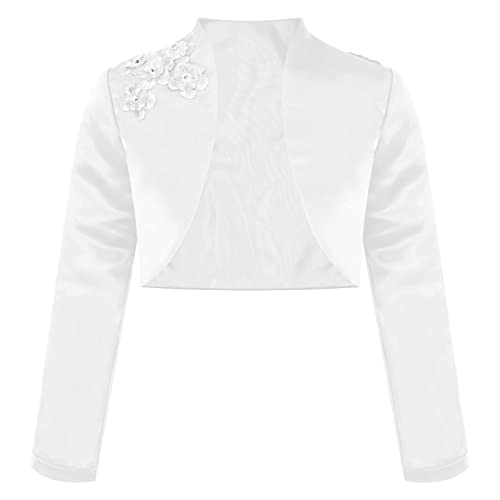 Kvysinly Mädchen Bolero Festlich Jäckchen Kinder Strickjacke mit 3D Blume Satin Bolerojäckchen Weiss zum Kommunionkleid Taufkleid Partykleid Weiß A 146-152 von Kvysinly