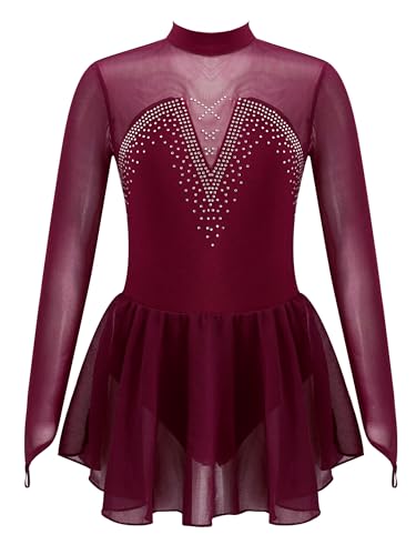 Kvysinly Mädchen Eiskunstlauf Kleid Langarm Tanzkleid Mit Strass Einfarbig Ballettanzug Tütü Rock Gymnastik Ballett Trikot Burgundy 158-164 von Kvysinly