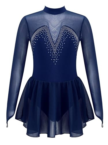 Kvysinly Mädchen Eiskunstlauf Kleid Langarm Tanzkleid Mit Strass Einfarbig Ballettanzug Tütü Rock Gymnastik Ballett Trikot Navy blau 158-164 von Kvysinly