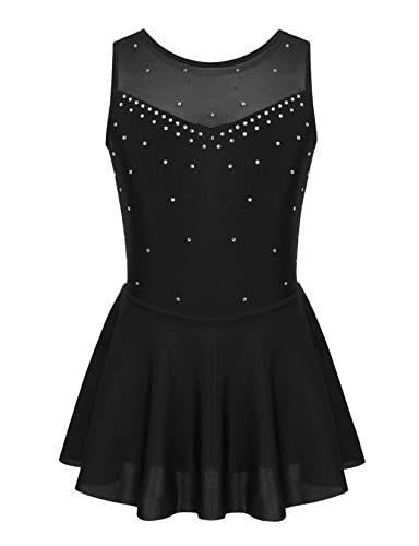 Kvysinly Mädchen Eiskunstlauf Kleid Rollkunstlauf ärmellos Ballettkleid mit Strass Glitzer Tanzkleid Gymnastik Wettbewerb Outfit Schwarz 110-116 von Kvysinly