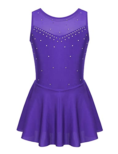 Kvysinly Mädchen Eiskunstlauf Kleid Rollkunstlauf ärmellos Ballettkleid mit Strass Glitzer Tanzkleid Gymnastik Wettbewerb Outfit Violett 134-140 von Kvysinly