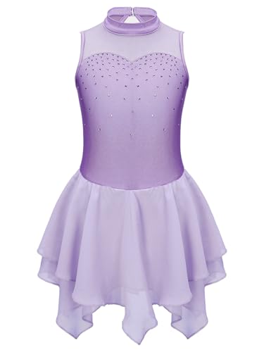 Kvysinly Kinder Mädchen Eiskunstlauf Kleid mit Strass Tanzkleid Glitzer Kürkleid Rollkunstlauf Balletkleid Tanz Training Wettbewerb Outfit Lavendel A 122-128 von Kvysinly