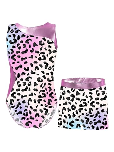 Kvysinly Mädchen Metallic Turnanzug mit Hose Kurz Gymnastikanzug Ärmellos Turnbody Kinder Tanz Wettbewerb Ballet Turn Outfit Leopard bunt 146-152 von Kvysinly