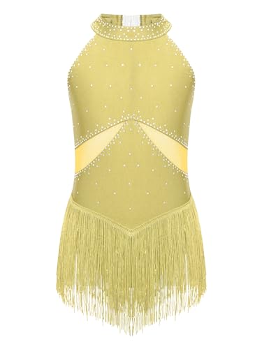 Kvysinly Mädchen Tanzkleid Fransen Ballettkleidung Glitzer Ballettkleid Tanzbody Trikot Kleid Wettbewerb Rock Tanzkostüme Gelb 146-152 von Kvysinly