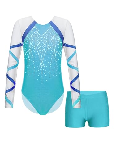 Kvysinly Mädchen Turnanzug Langarm mit Hose Farbblock Glitzer Gymnastikanzug Turnbody Ballett Trikot Kinder Tanzkleidung Turn Outfit Blau Grün 134-140 von Kvysinly
