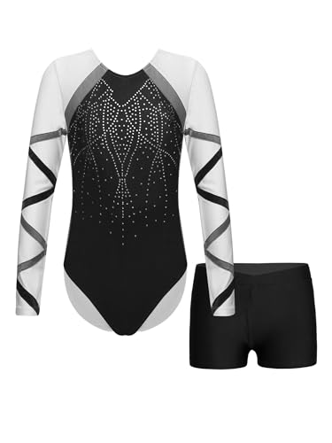 Kvysinly Mädchen Turnanzug Langarm mit Hose Farbblock Glitzer Gymnastikanzug Turnbody Ballett Trikot Kinder Tanzkleidung Turn Outfit Schwarz 158-164 von Kvysinly