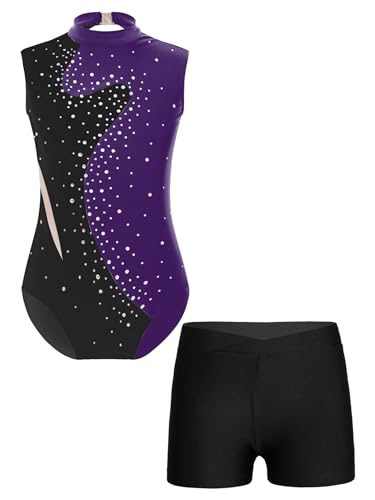 Kvysinly Mädchen Turnanzug ärmellose Gymnastikanzug Mit Shorts Tanzkleidung Farbblock Strass Turnbody Akrobatik Anzug Turn Outfit Lila & Schwarz 134-140 von Kvysinly