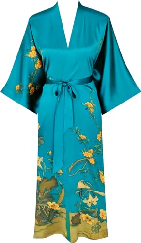 Kwedhonjh Klassischer Damen-Kimono-Bademantel, 100 % Seide, bedruckt, Muster, Blume und Vogel, Dunkelgrün - B, Einheitsgröße Kwedhonjh Klassischer Damen-Kimono-Bademantel, 100 % Seide, bedruckt, Muster, Blume und Vogel, Dunkelgrün - B, Einheitsgröße von Kwedhonjh