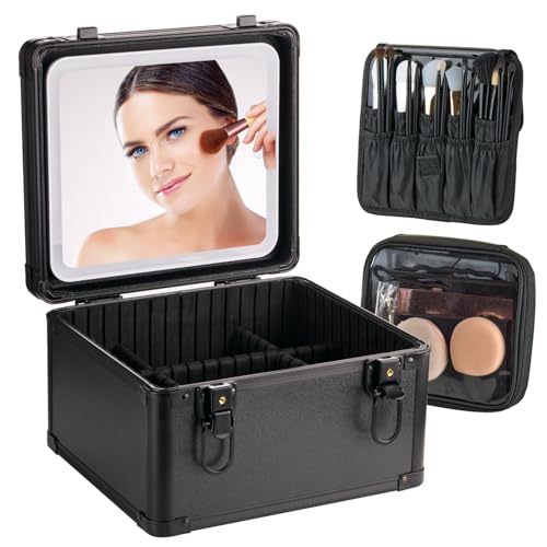 Kweenaryer Make-up-Tasche mit beleuchtetem Spiegel, Reise-Make-up-Tasche mit 3CCT-LED-Spiegel, Kosmetiktasche für Frauen mit verstellbarer Trennwand, Make-up-Aufbewahrungsbox mit Schloss, wasserdichte von Kweenaryer