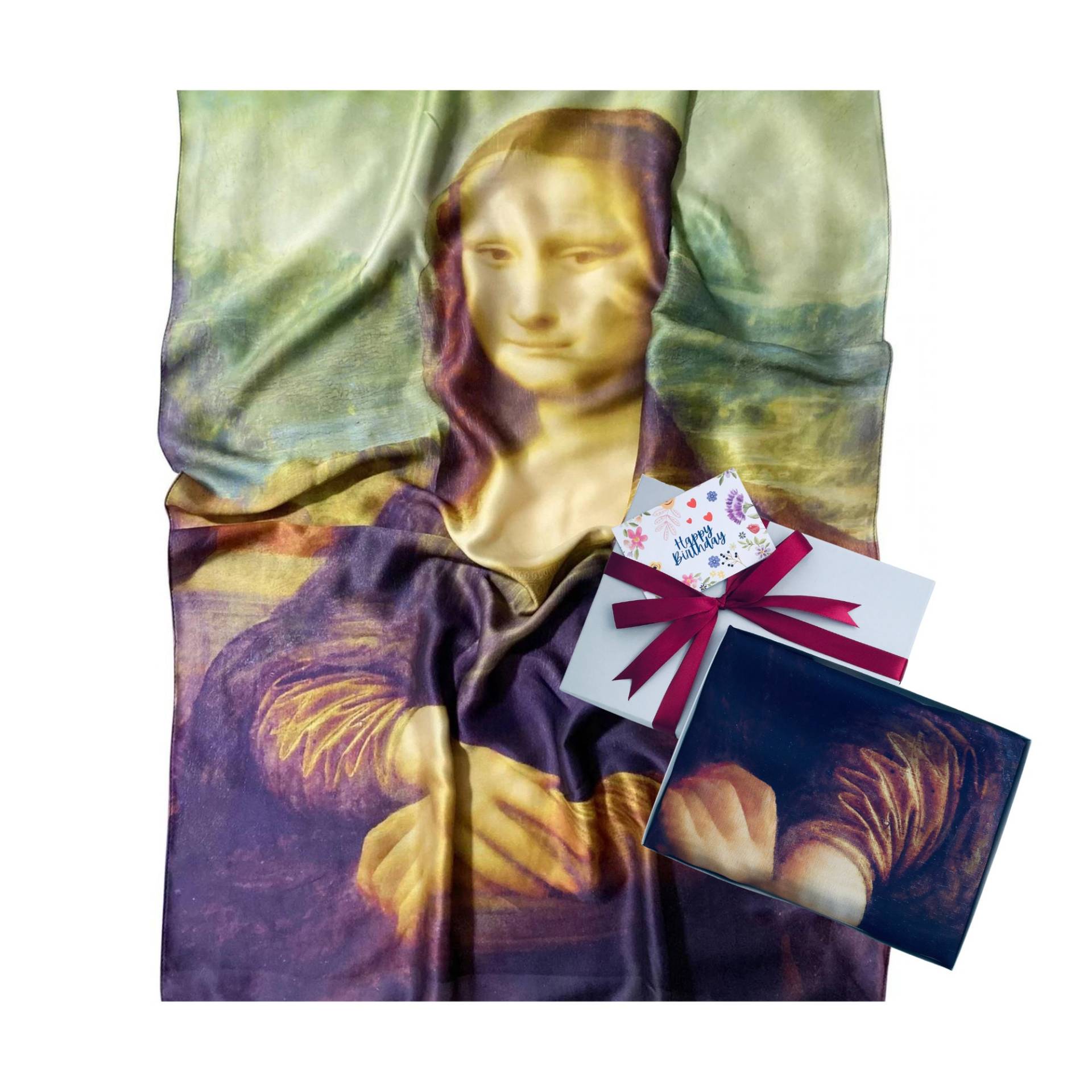 Mona Lisa Seidenschal Geschenk Box, Kunstliebhaber Geschenk, Print Schal Für Frauen, Tolle Gemälde Gift Box Scarf Uk, Letterbox Art von KwerkyWorks