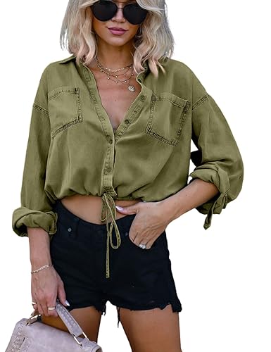 Kwoki Damen Cropped Denim Shirt Roll Up 3/4 Ärmel Casual Loose Crop Tops Kordelzug Saum Knopfleiste Jean Jacke, Grün , Mittel von Kwoki Fashion