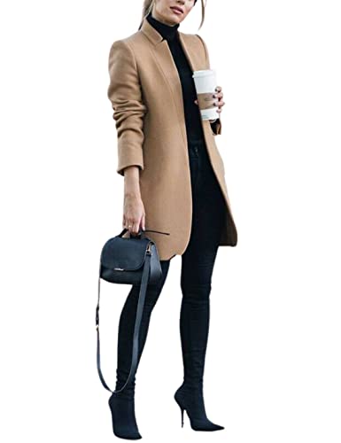 Kwoki Damen Stehkragen Offene Vorderseite Erbsenmantel Casual Mid Long Wollmischung Blazer Trenchcoat Outwear, Khaki, Klein von Kwoki Fashion