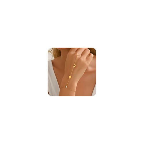 Kyazeo Handkettenarmband für Damen, 18 Karat vergoldet, Perlen, Mond, Stern, Zirkonia, Ringarmband, Handkette, trendiger Körperschmuck, Geschenke, one size, Edelstahl, Zirkonia Kyazeo Handkettenarmband für Damen, 18 Karat vergoldet, Perlen, Mond, Stern, Zirkonia, Ringarmband, Handkette, trendiger Körperschmuck, Geschenke, one size, Edelstahl, Zirkonia von Kyazeo