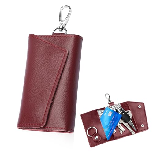iSuperb KyeeaDIY Schlüsselmappe aus echtem Leder Schlüsseletui Echtes Leder Flip-Fold Schlüsseltaschenhalter 6 Haken, 1 Schlüsselring 3 versteckte Fächer, kompakter Schlüssel-Organizer (Burgunderrot) von KyeeaDIY