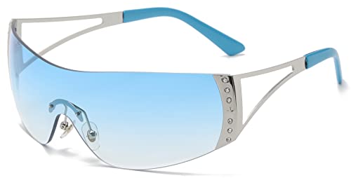 Kyiduo Wrap Around Sonnenbrille für Damen und Herren Y2k Sonnenbrille mit Gradientenglas (Silver Frame - Gradient Blue Lens) von Kyiduo