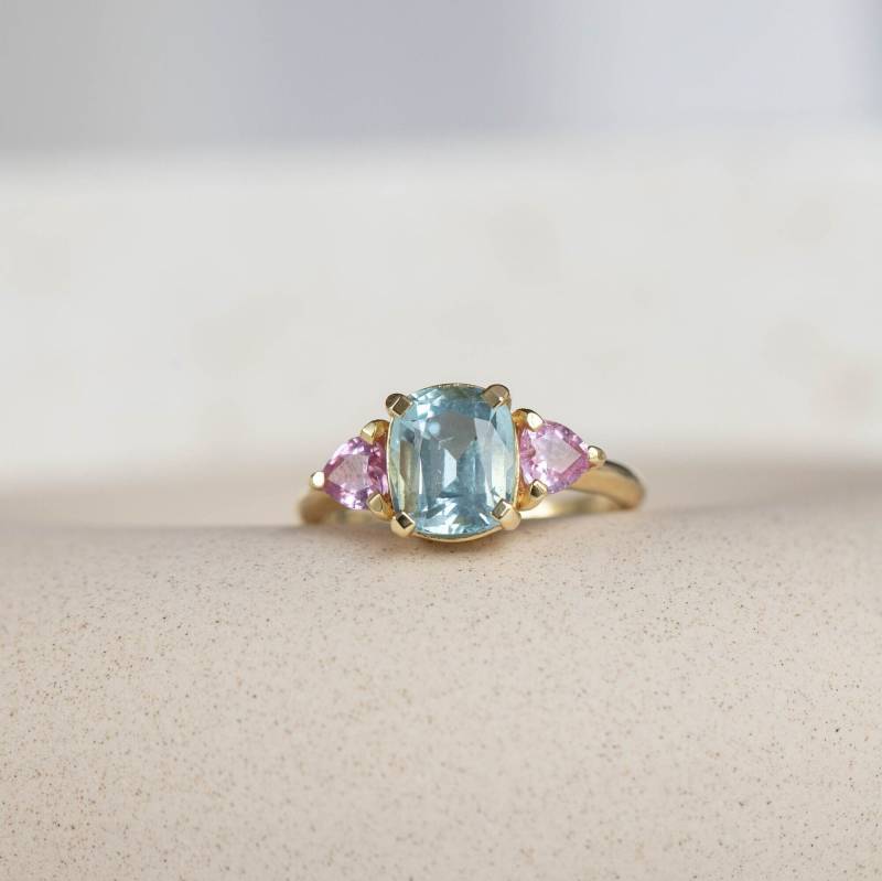Aquamarin Pink Saphir Herz Ring 18K Gold - Verlobungsring Cluster Set Gr00460 von KyklosJewelry