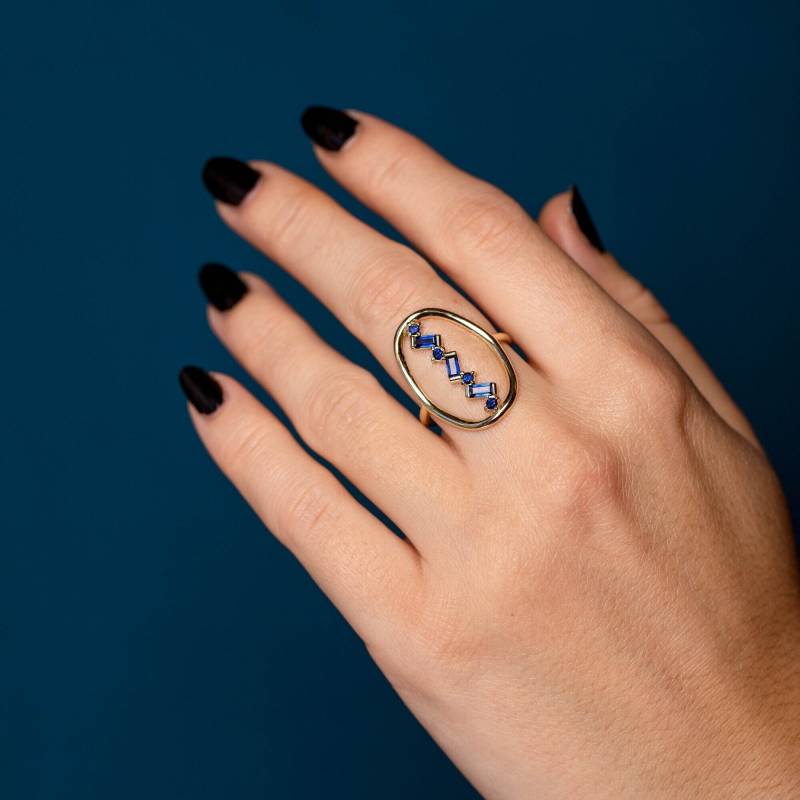 Art Deco Blauer Saphir 14K Gold Ring Oval Baguette Statement Ring Gr00219 von KyklosJewelry