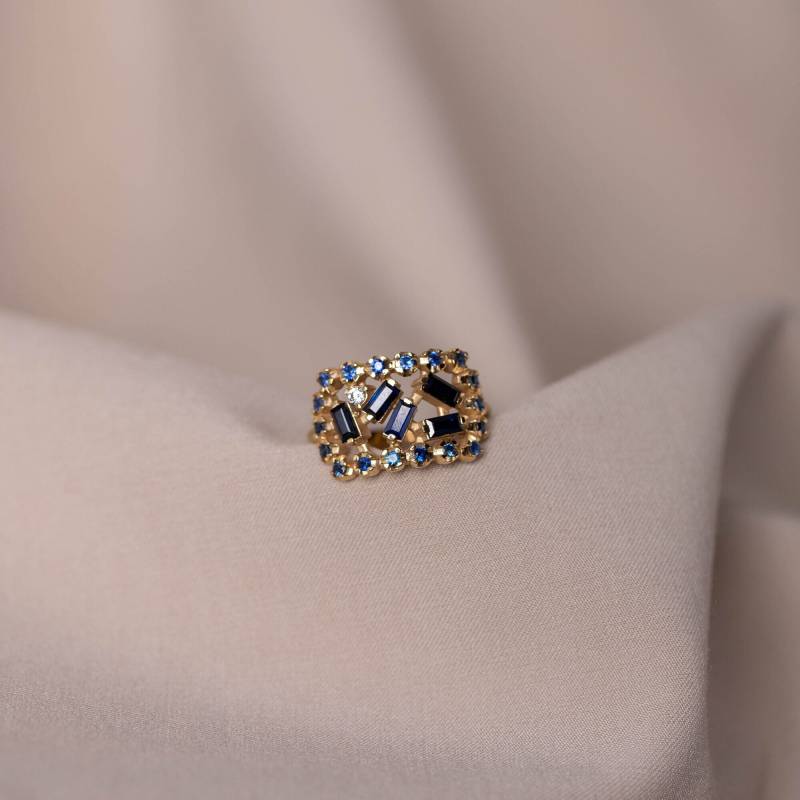 Art Déco 14K Gold Saphir Ring Baguette Diamant Cocktail Ring - Gr00429 von KyklosJewelry
