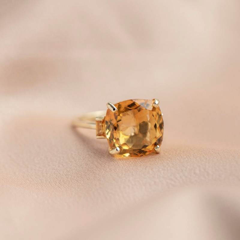 Citrin Ring 14K Gold Verlobungsring - Statement Cocktail Mit Natürlichen Edelsteinen Kissen Und Baguette Gr00466 von KyklosJewelry
