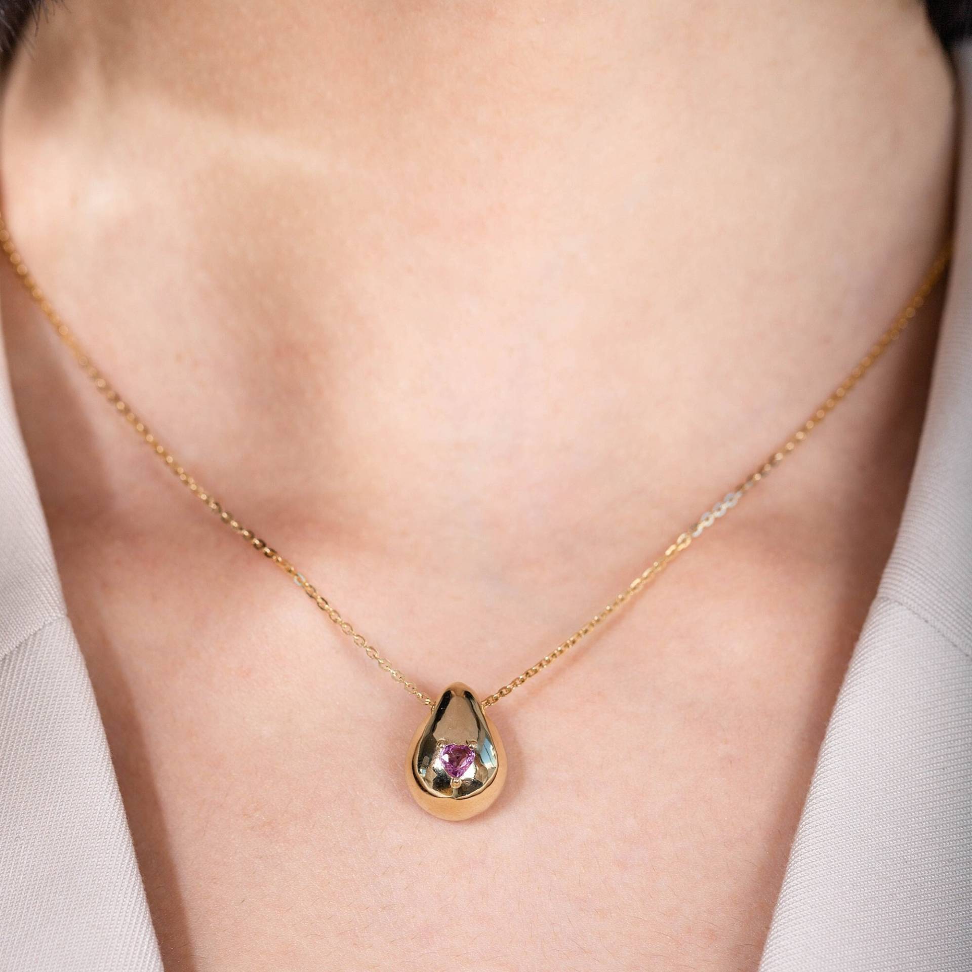 Herz Rosa Saphir Halskette 14K Gold - Dome Massiv Für Frauen Jahrestag Geschenk Frau Gn00144 von KyklosJewelry