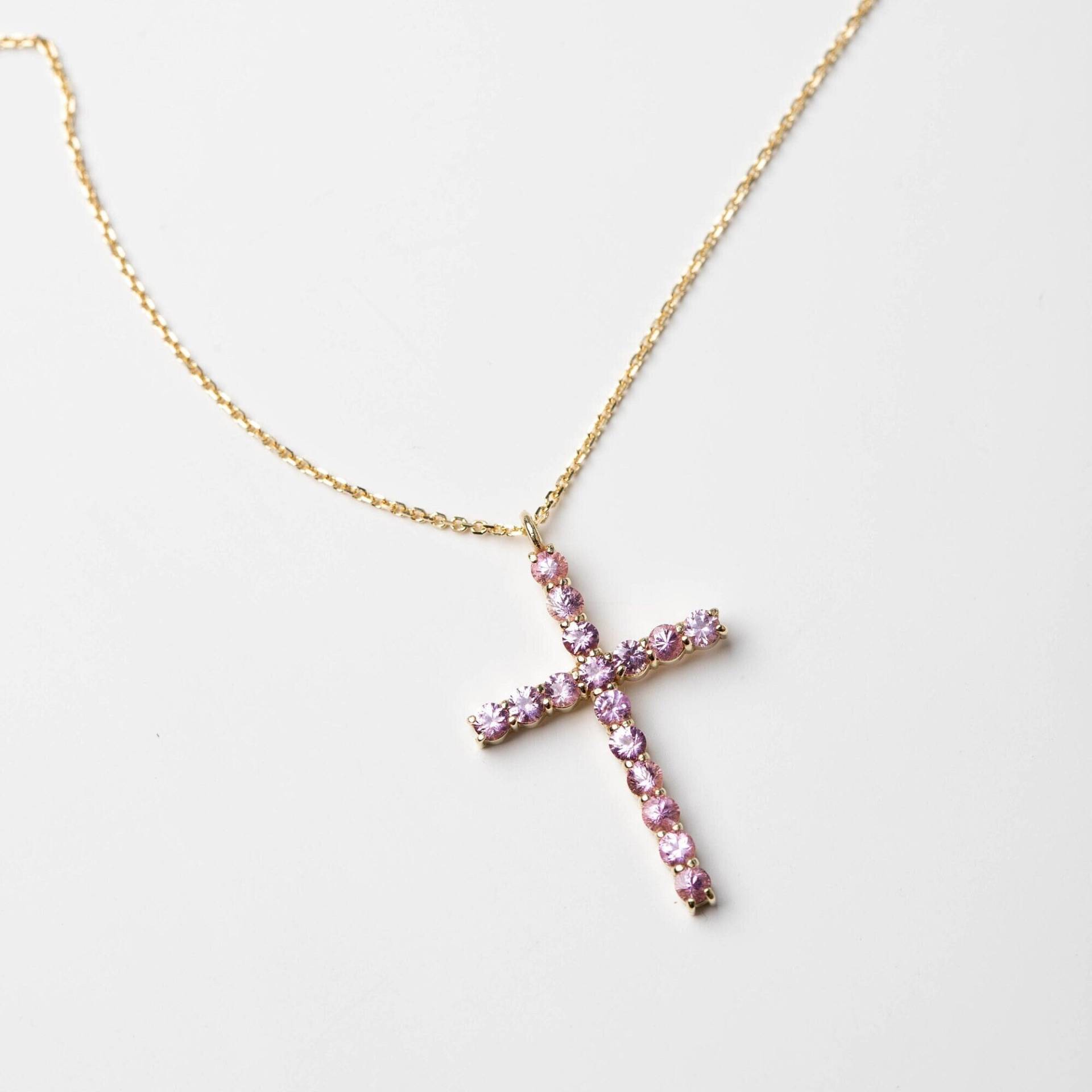 Kreuz Anhänger Pink Saphir 14K Gold Für Frauen - Große Edelstein Halskette Geburtstagsgeschenk Sie Gn00126-001 von KyklosJewelry