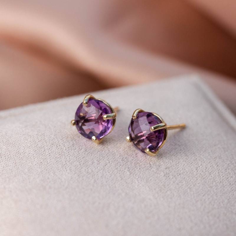 14K Gold Amethyst Ohrstecker Februar Geburtsstein, 8 Mm Krappenfassung Ge00015 von KyklosJewelry