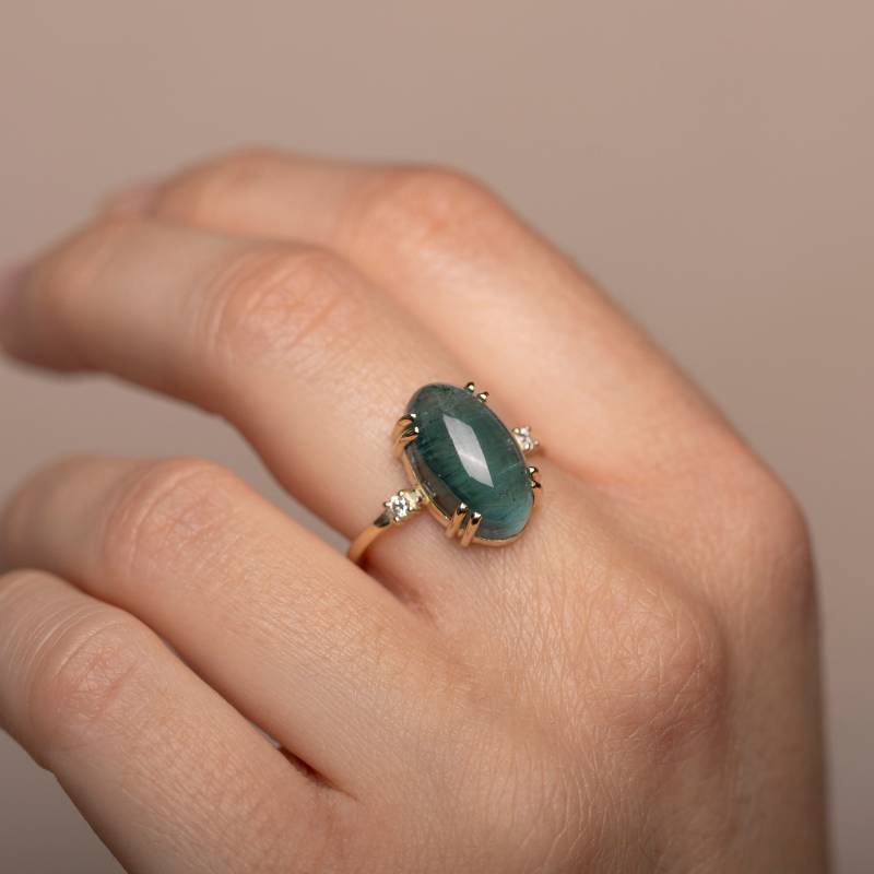 Natürlicher Grüner Turmalin Verlobungsring Diamant Einzigartige Oval - Statement Ehering 14K Gold Gr00488 von KyklosJewelry